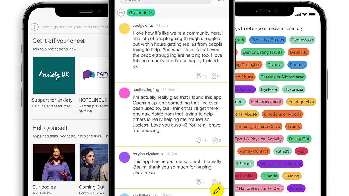 The interface of Tellmi for a mobile phone. There are multiple messages by anonymous users discussing the benefits of the app. A picture of its directory with relevant topics such as "Embarrassment " and "Depression"