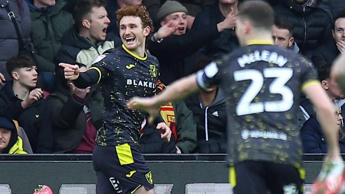 Josh Sargent celebrates his first-half goal for Norwich City against Watford