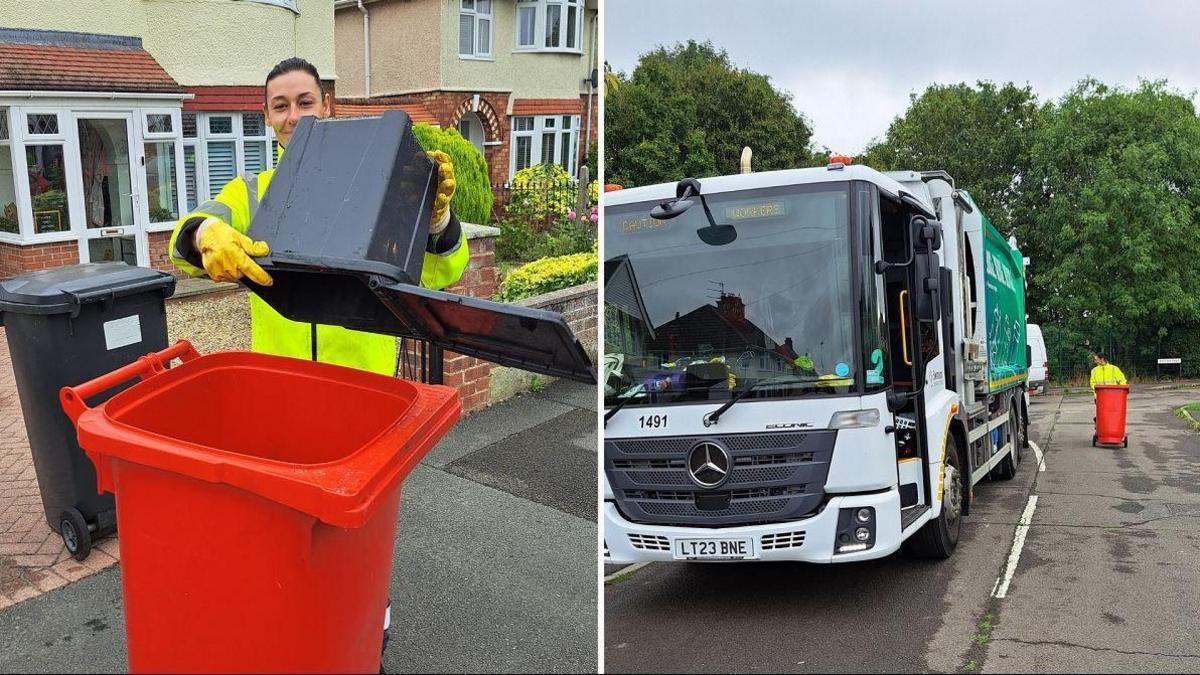 A split image of a woman emptying a small black caddy into a large red one and a white and green recycling truck on the side of the road