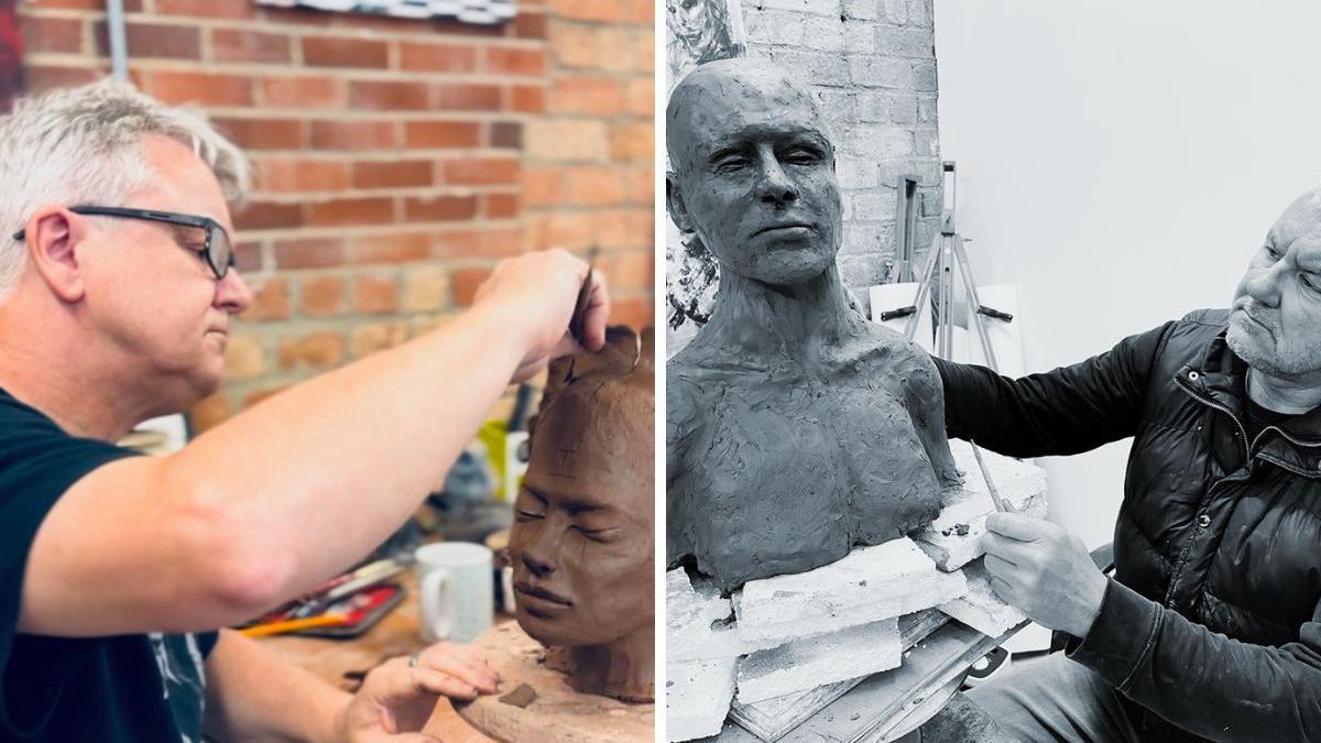 Two photographs side-by-side of Paul and Jason Skellett working on their sculptures. 