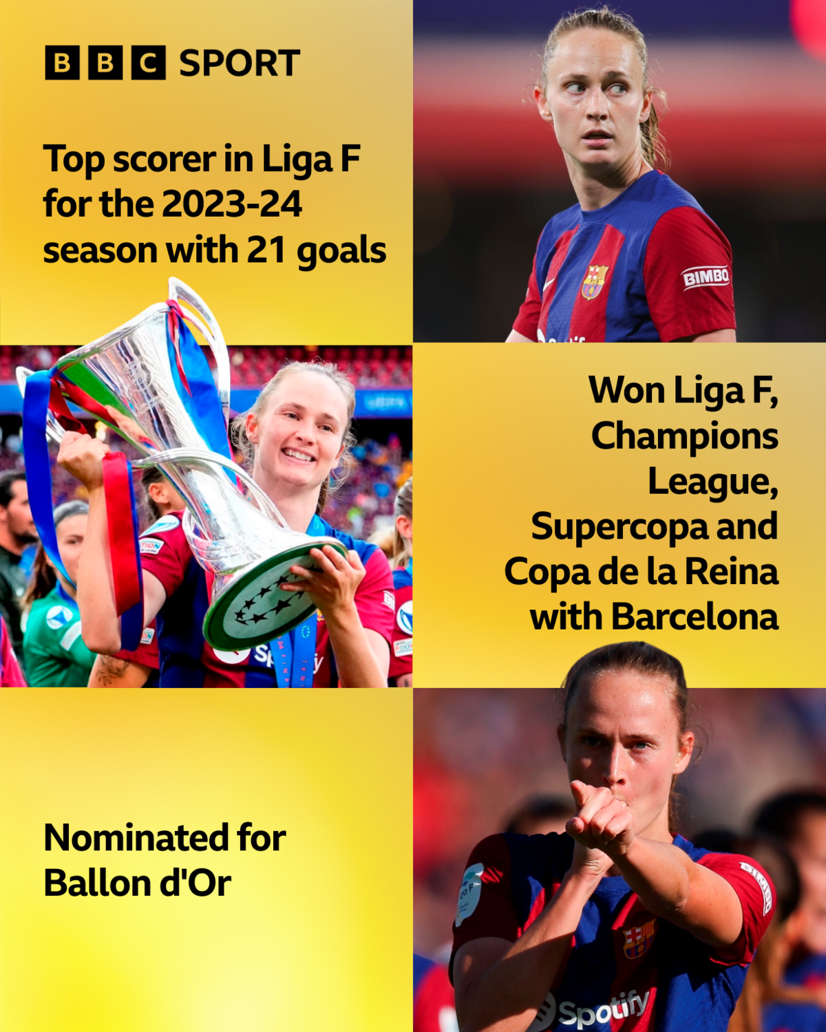 Caroline Graham Hansen achievements graphic - Top scorer in Liga F for the 2023-24 season with 21 goals, Won Liga F, Champions League, Supercopa and Copa de la Reina with Barcelona, Nominated for Ballon d'Or.