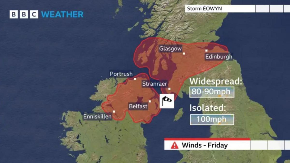 Weather MAP showing red warning areas for Friday.