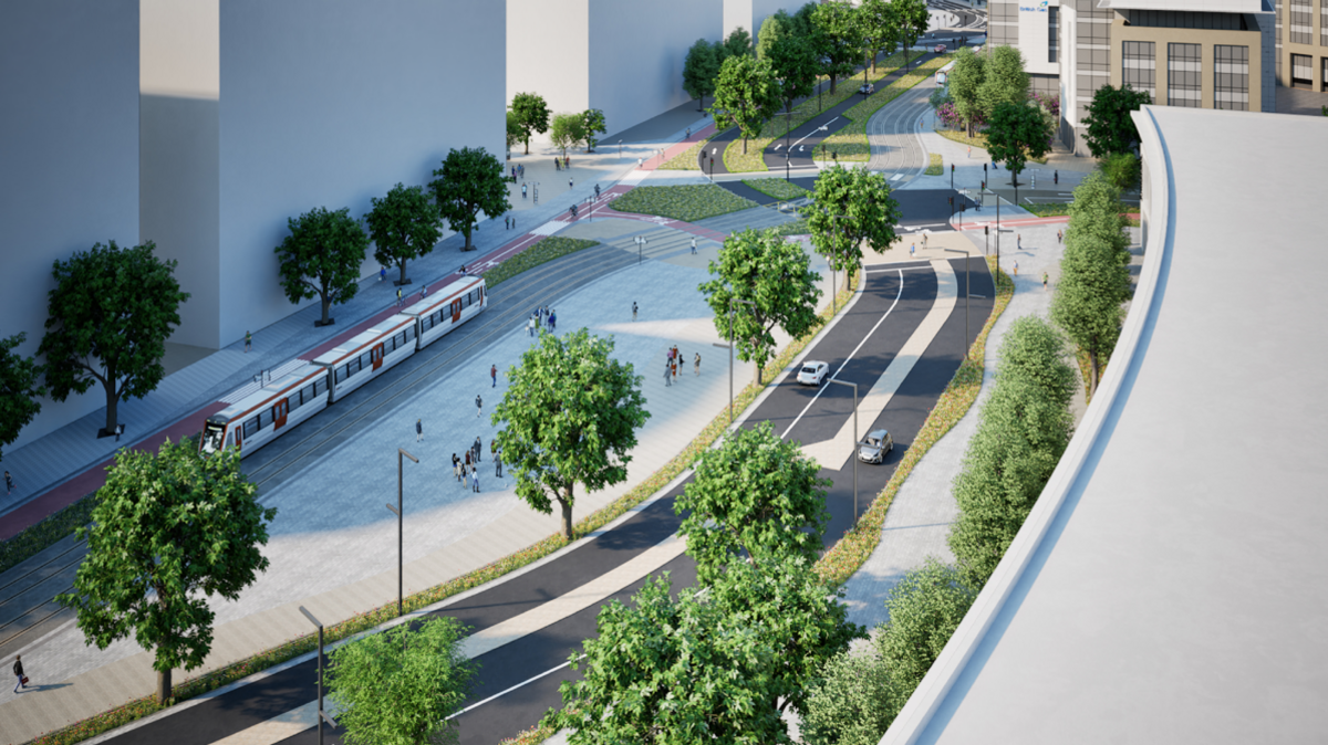 An artist's impression of the tramway's proposed route through Callaghan Square 