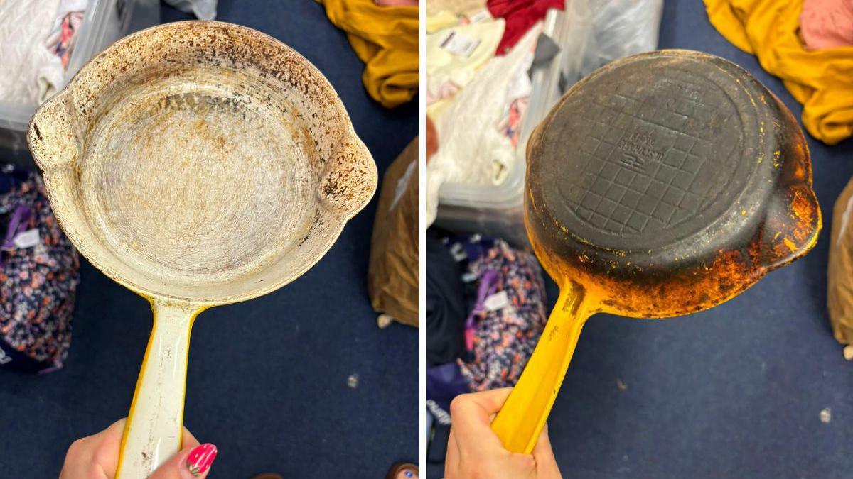 A side by side composite image showing both sides of a dirty and stained yellow frying pan. The pan was once a bright orange colour, which is still visible on its handle, but the bottom of the pan is completely black and the inside is scratched and stained with grease.