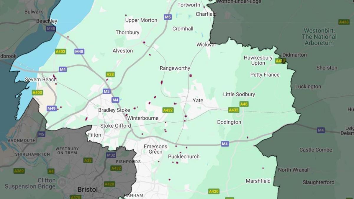 A map of South Gloucestershire has a series of red dots on it showing where the council plans to keep sites for Gypsy and travellers to use.