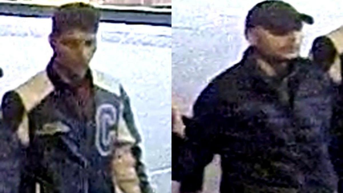 Two grainy CCTV images of men. The one on the left has dark hair and is wearing a black and white jacket with a large letter C on it, while the one on the right is wearing a black cap and a black coat.