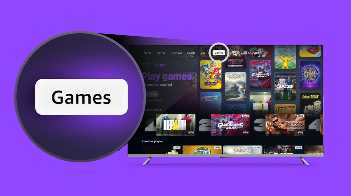 A TV against a purple background showing tv shows available on Amazon Prime and a Games tab which is made bigger to highlight.