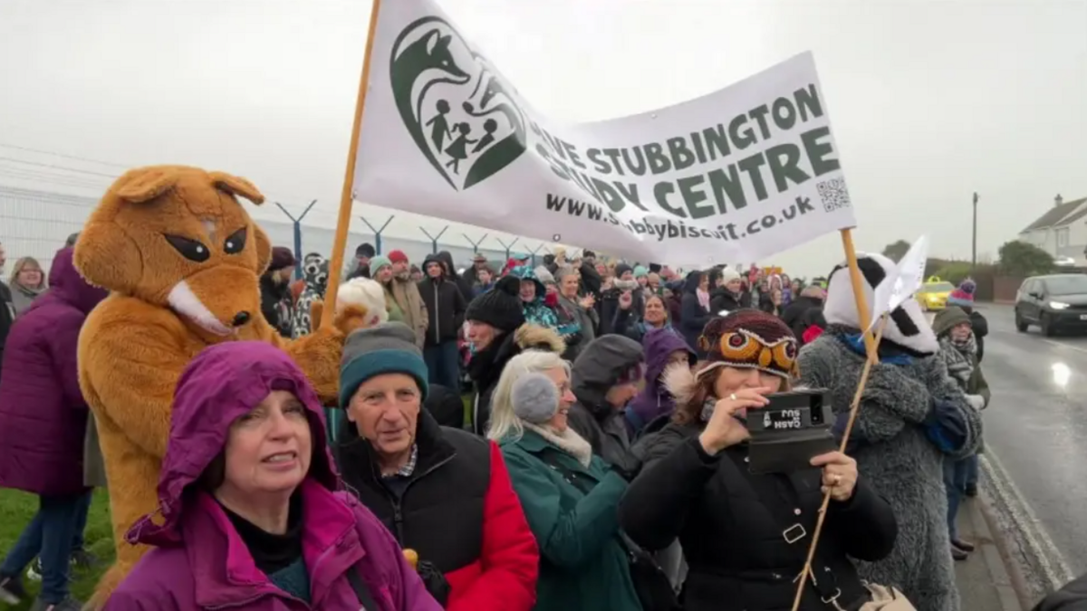 A large throng of protesters by the side of the road. A banner reads: 'Save Stubbington Study Centre'. One protester is dressed as a fox. Most are in winter jackets and hoods.