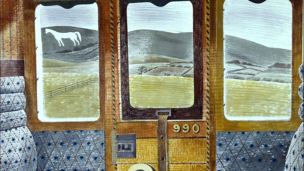 A painting of a 1940s-era railway carriage with a white horse embedded into the hillside visible through the left-most window. Grey-blue patterned upholstered seats are also visible.