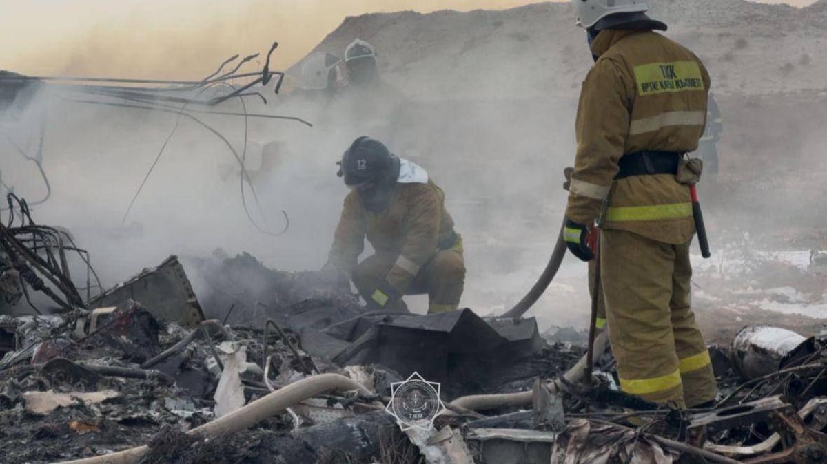 Firefighters examining and looking through debris from a plane crash