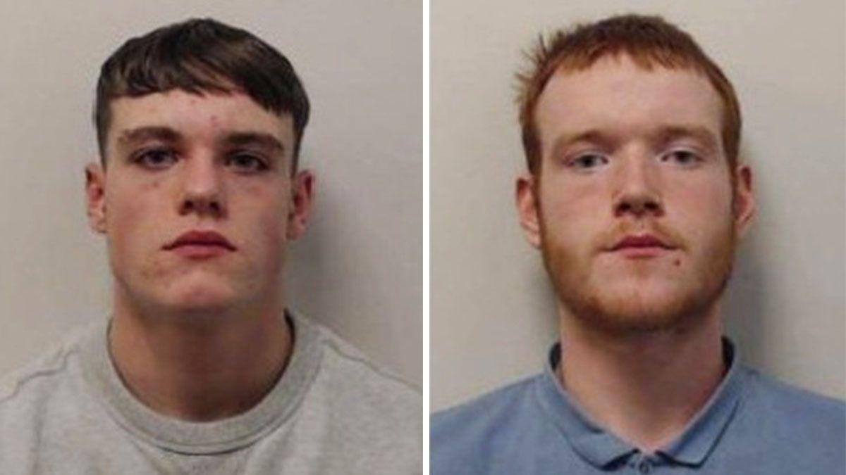 Police mugshots of two men, Kieran Lindsay - who has short dark hair and a white/grey top on, and Marshall Strachan - who has red hair and a blue top on.