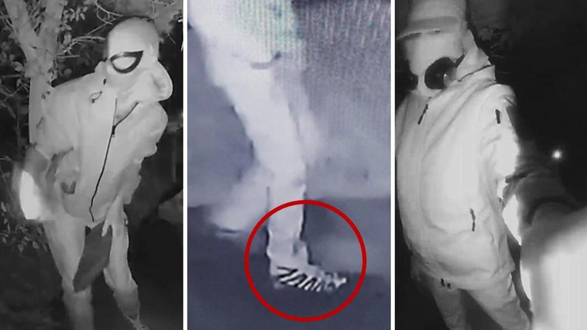 Three doorbell footage images of a man- in a Spiderman mask, one with distinctive trainers circled, and another where he has his face covered and is wearing a cap.