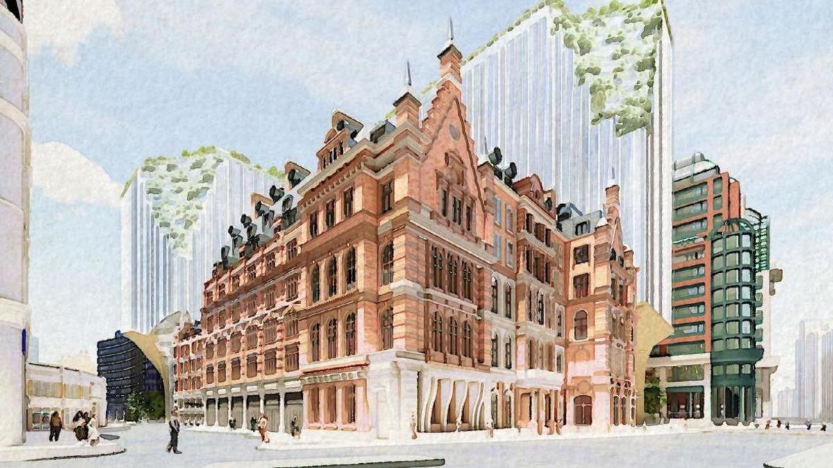 Architect's visualisation of the exterior of Liverpool Street station. A watercolour style painting with people wandering about, a large glass office block with green blobs on it to simulate greenery is poking above the original Victorian building.