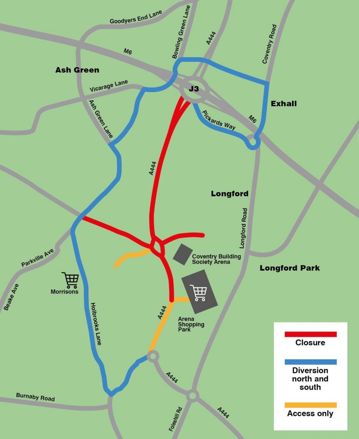 A map showing the roads that will close and diversions in place