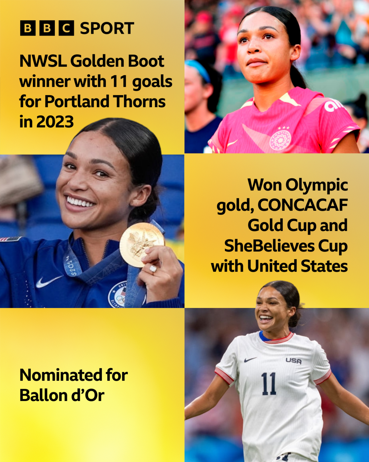 Sophia Smith achievements graphic - NWSL Golden Boot winner with 11 goals for Portland Thorns in 2023; Won Olympic gold, CONCACAF Gold Cup and SheBelieves Cup with United States; Nominated for Ballon D’o