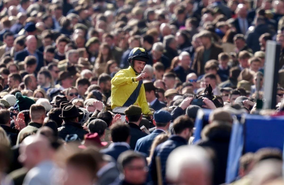 Michael O'Sullivan is saluted by the crowd after winning the Supreme Novices' Hurdle at Cheltenham on Marine Nationale in 2023