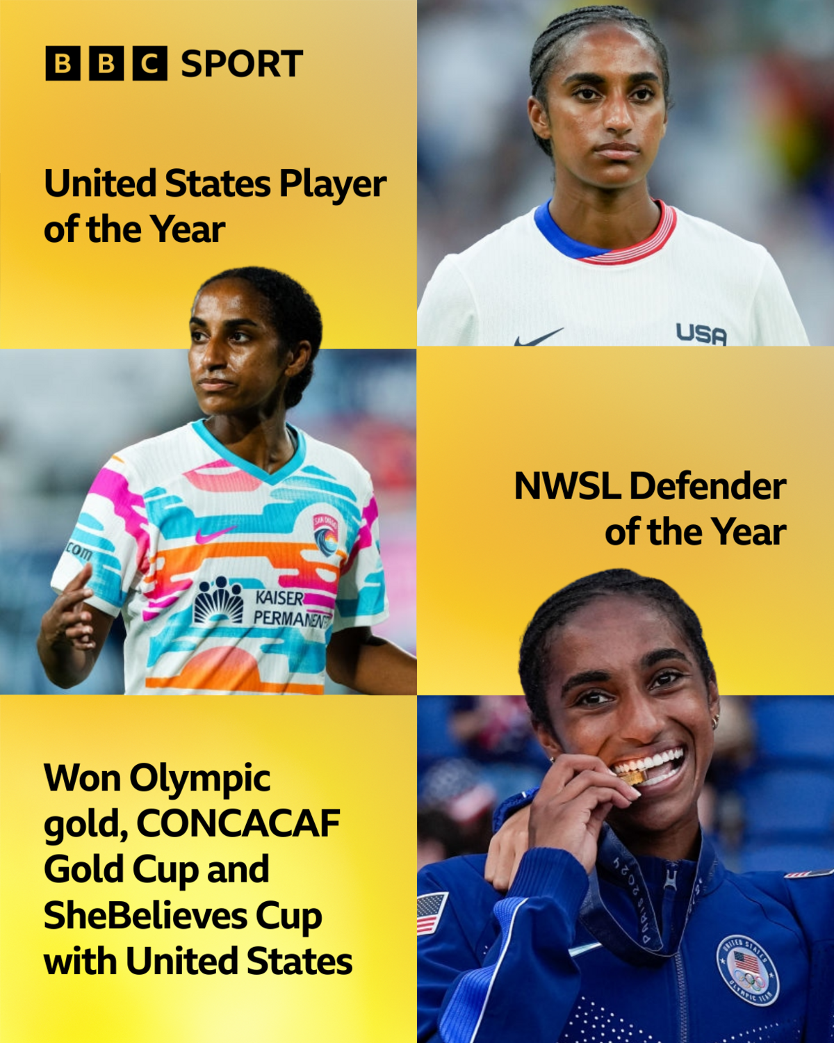 Naomi Girma graphic of achievements - United States player of the year, NWSL defender of the year, won Olympic gold, Concacaf Gold Cup and SheBelieves Cup with United States.