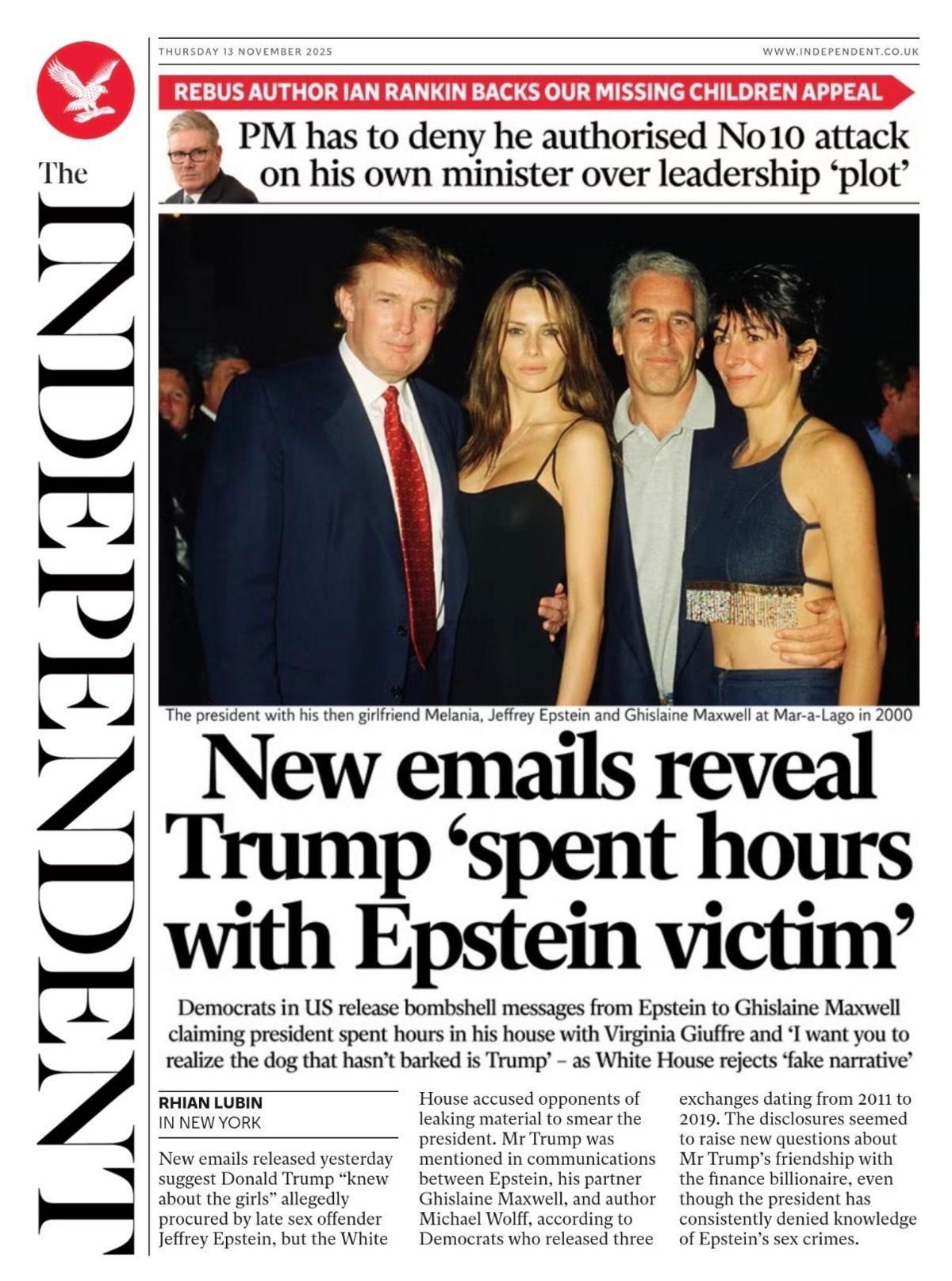 The headline on the front page of the Independent: "New emails reveal Trump 'spent hours with Epstein victim'".
