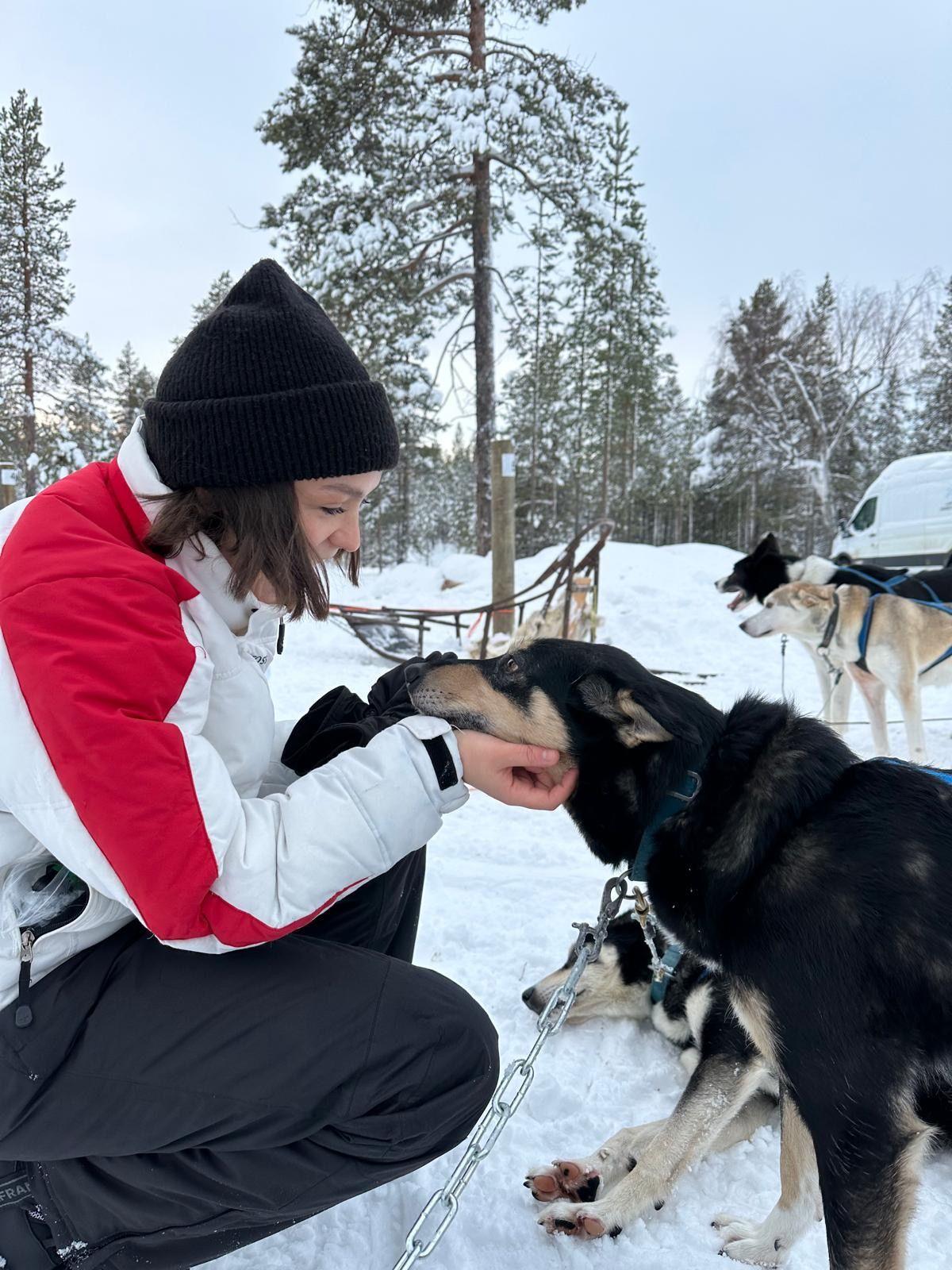 A woman in black trousers, a white ski-style jacket with red stripes down the sleeves and a black beanie hat and black gloves crouches down on snow-covered ground and scratches a husky dog under the chin.