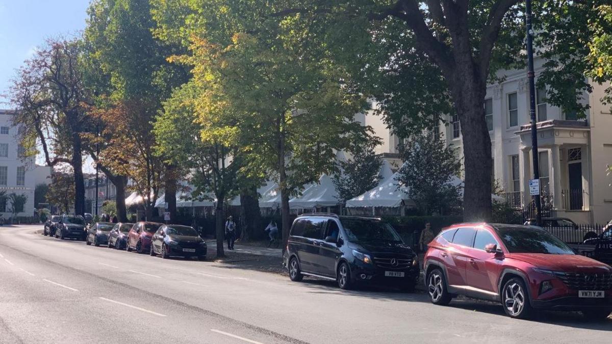 A street with trees and parked cars. White tents can be seen  between the trees and some the white buildings