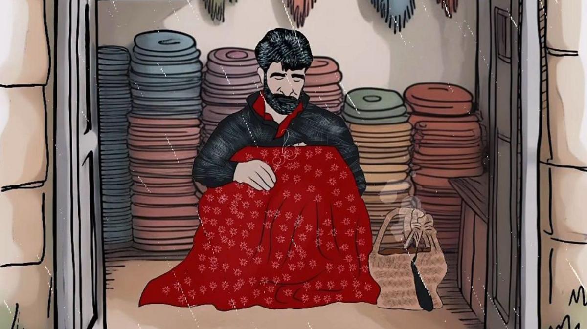 An illustration of a man doing embroidery on a piece of red cloth
