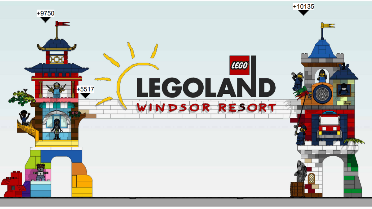 A planning drawing which shows what the new Legoland Windsor Resort sign will look like, with Lego figures in two towers that look like they have been built from Lego bricks.