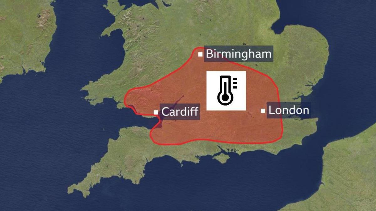 BBC Weather map showing the red warning area stretching across most of central southern England and parts of south Wales