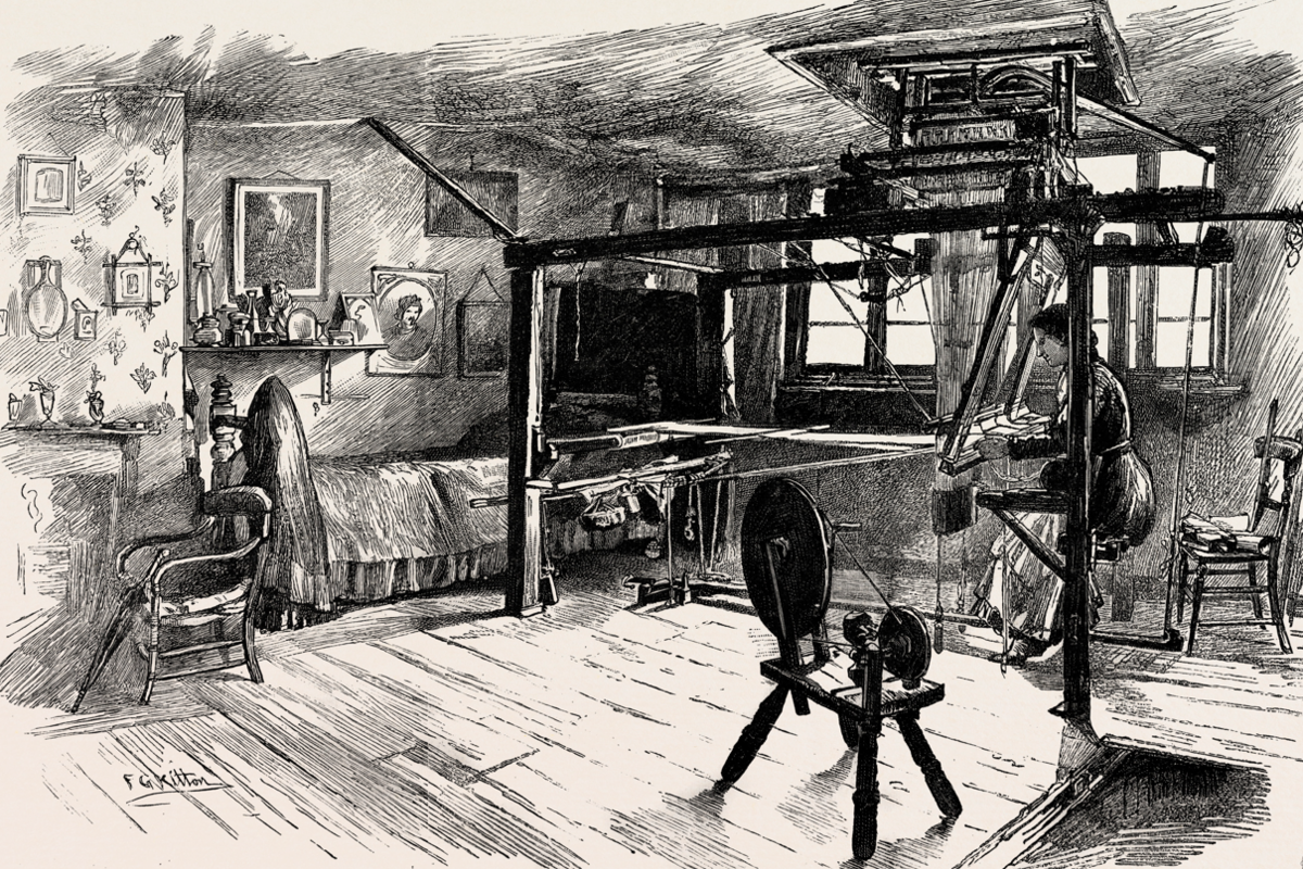 Illustration of a weaver working at a large wooden silk loom with a window in the background and bed and fireplace to one side