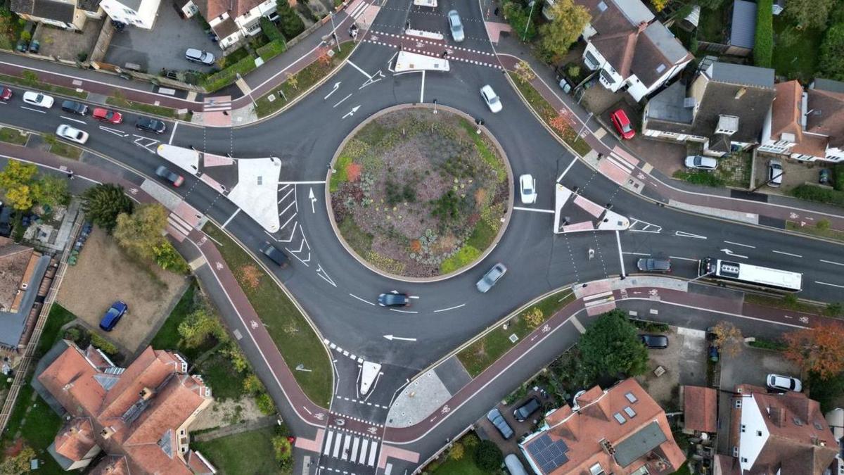 Aerial picture looking down on the Milton Road roundabout.