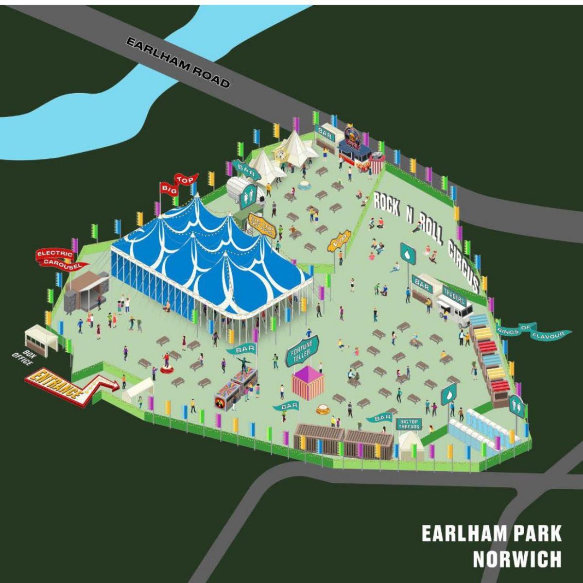A graphic map which has been created to show the area of Earlham Park in Norwich where the festival is taking place. The map shows a blue big top area with other stalls and food vendors. 