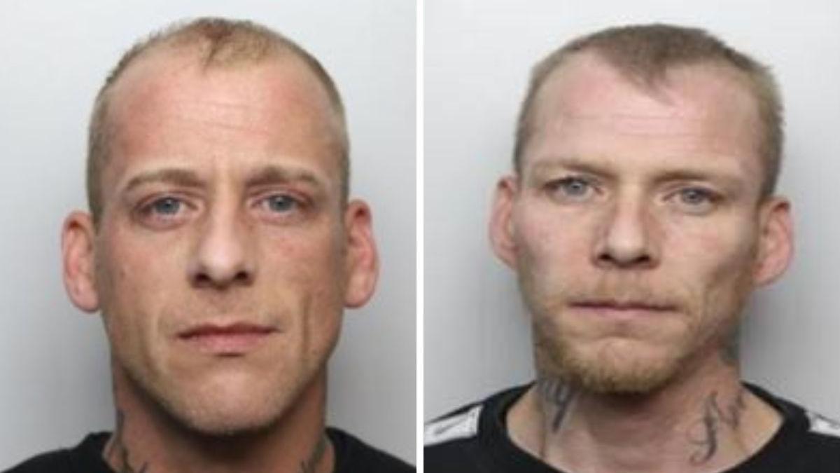 Two police custody photos side by side. The man on the left has short fair hair, blue eyes and a tattoo on his neck. The man on the right has short fair hair, blue eyes, some facial hair and tattoos on his neck.