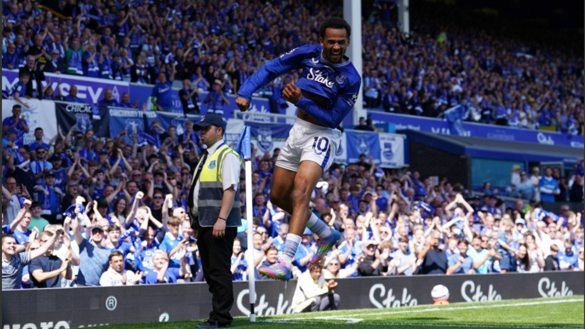Everton's Iliman Ndiaye celebrates scoring against Southampton in front of packed stands at Goodison Park