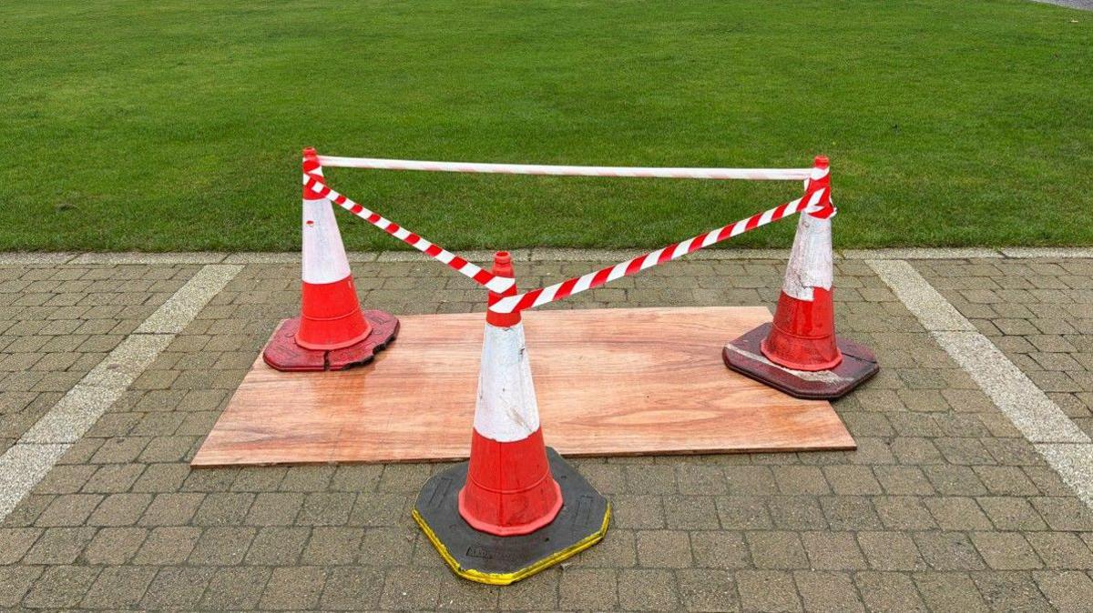 Three red traffic cones placed around a wooden plank on a brick ground. There is a patch of grass behind the brick ground. 