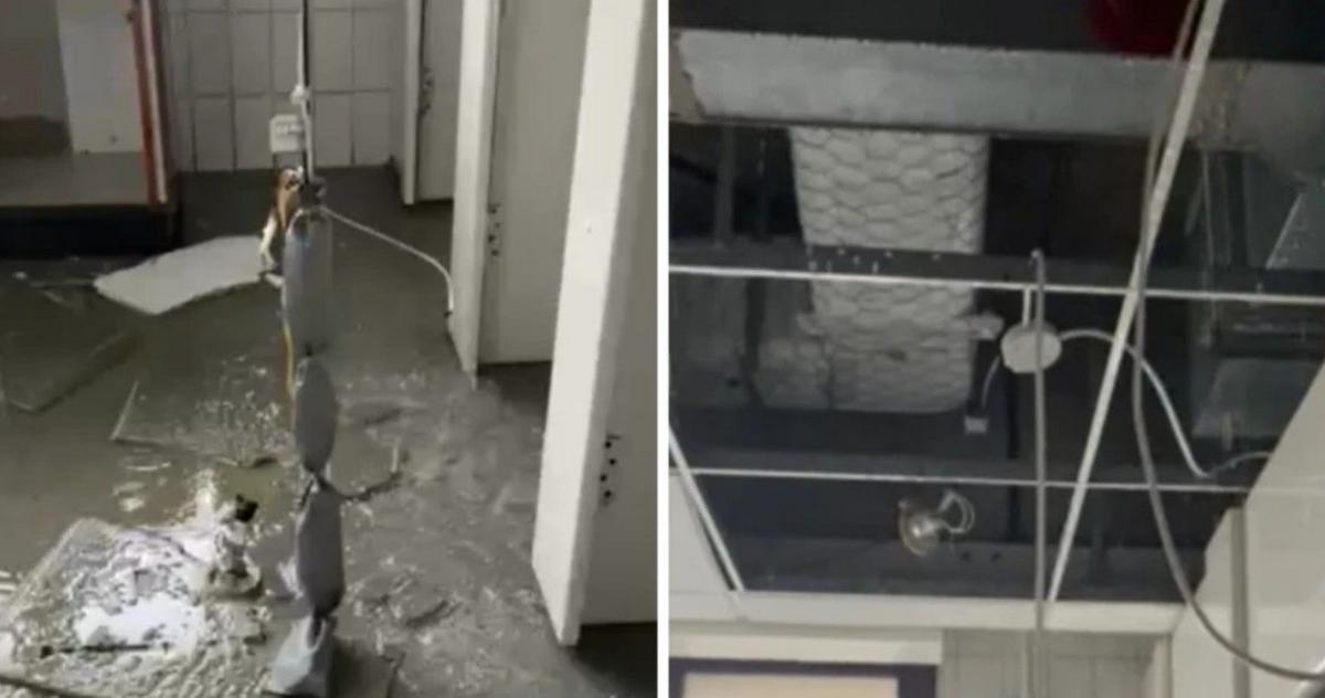 Two pictures side by side showing a muddy and flooded room and a number of cut wires hanging from a ceiling.