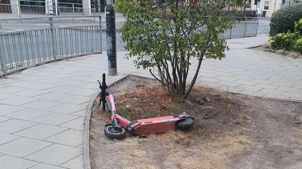 A faded red Voi e-scooter laying on its side in the dirt at the base of a small tree. It has been abandoned by a user beside the pavement.