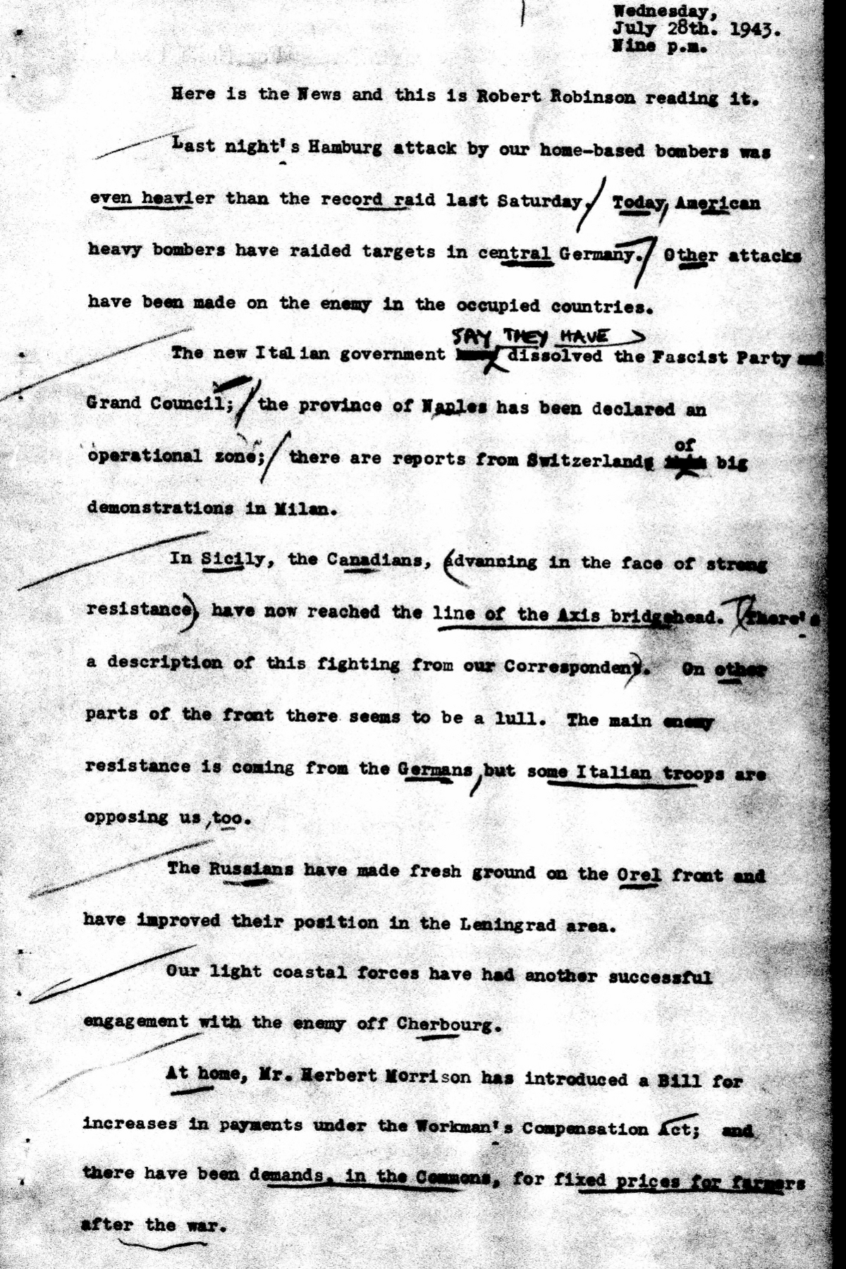 ý radio bulletin from 28 August 1943 describing news of an Allied Hamburg bombing raid.