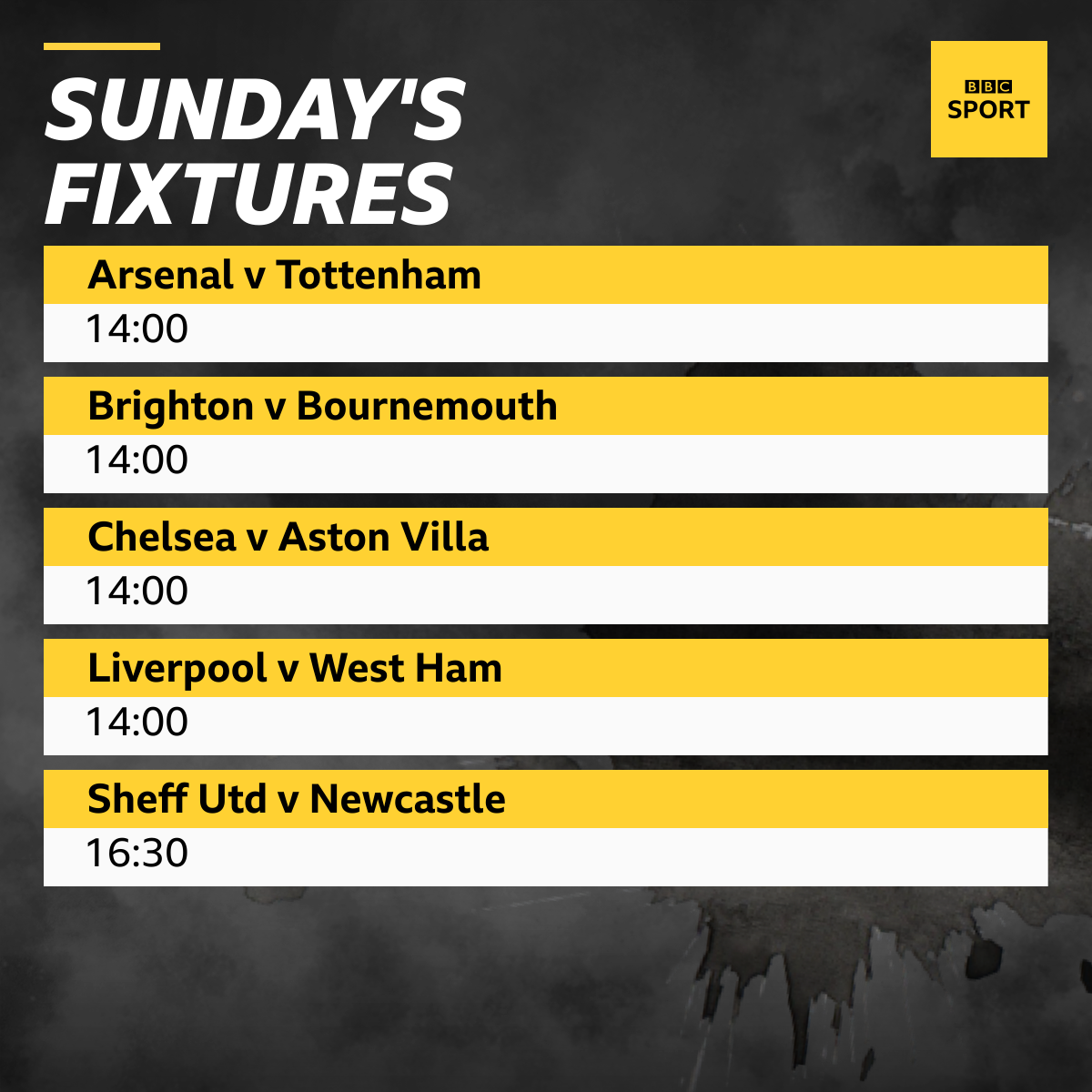 Arsenal v Tottenham, Brighton v Bournemouth, Chelsea v Aston Villa, Liverpool v West Ham, Sheff Utd v Newcastle