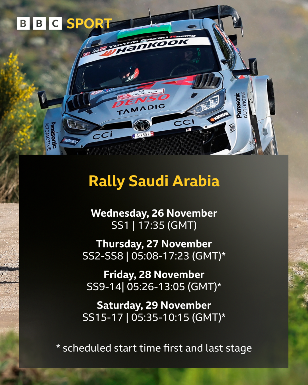Rally Saudi Arabia itinerary graphic with rally car backdrop