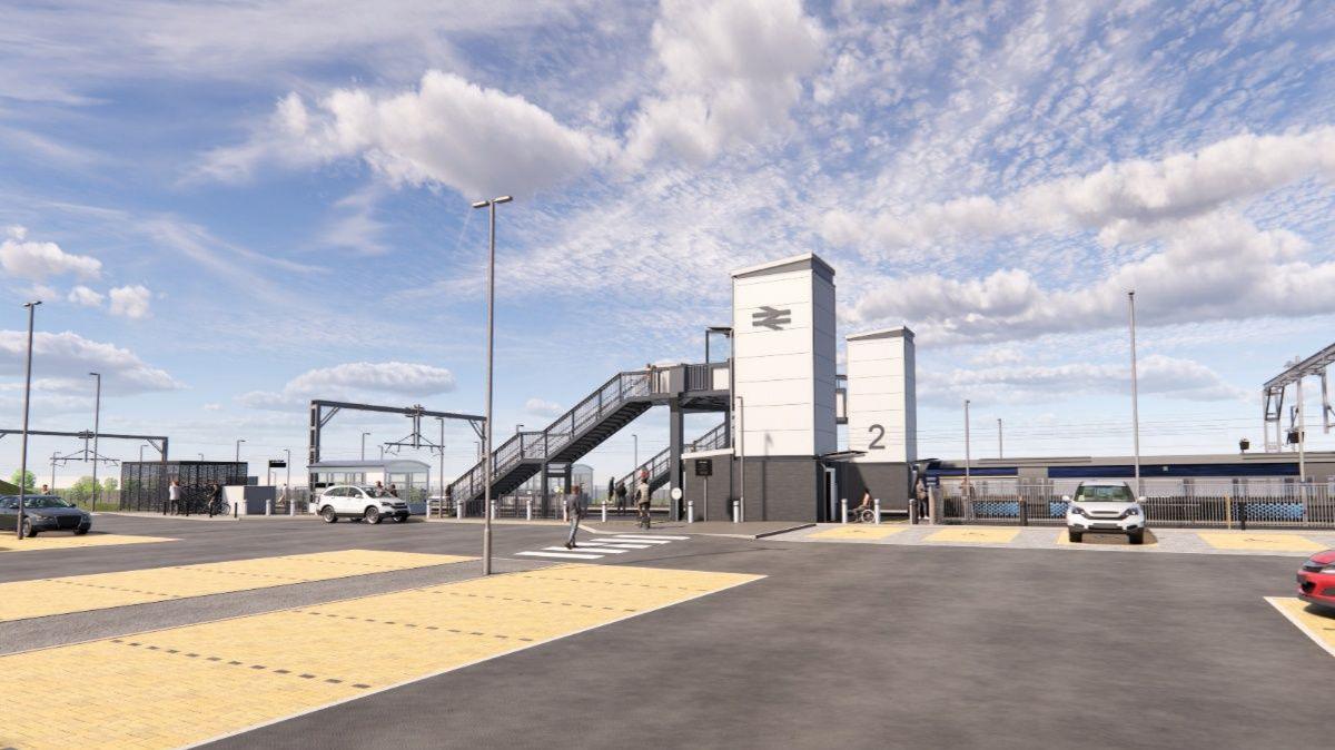 3D drawing of the new Balgray train station, showing the station, the car park and people walking around it