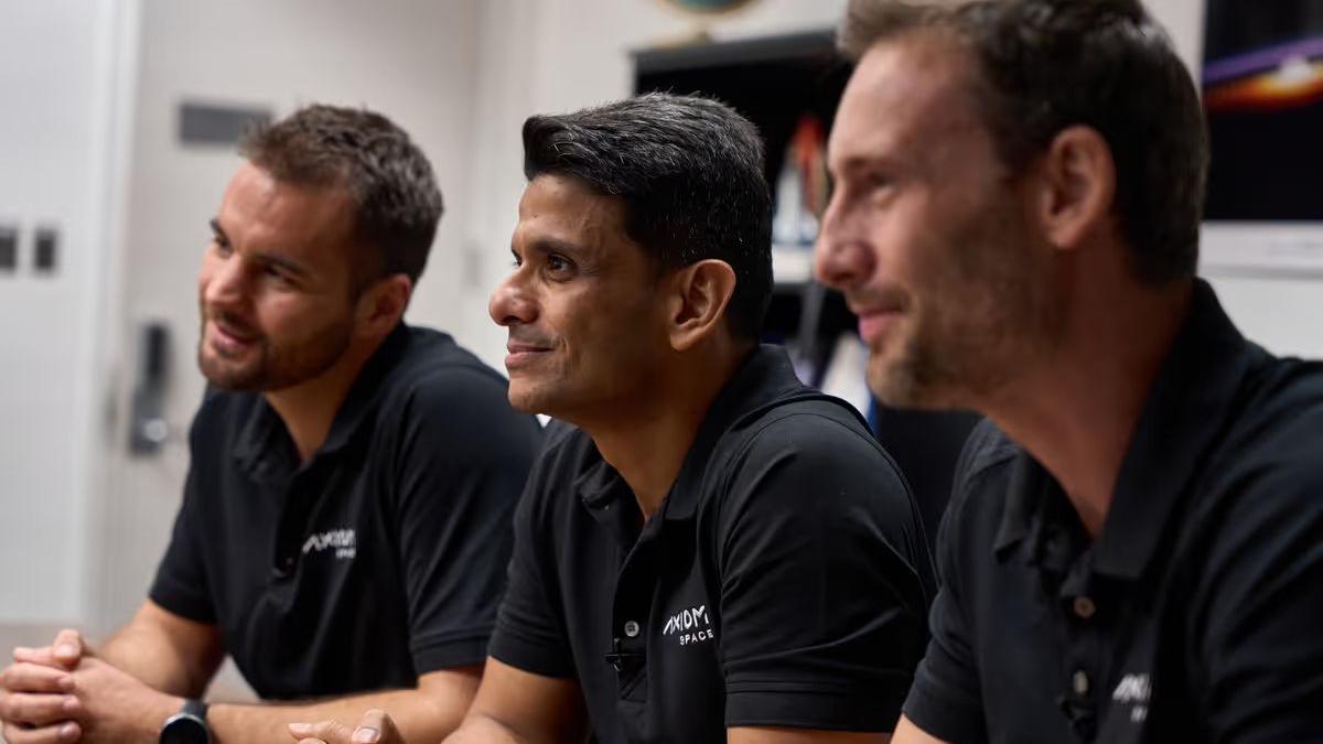Group Captain Shubhanshu Shukla (centre) with the other crew members of Axiom-4 mission