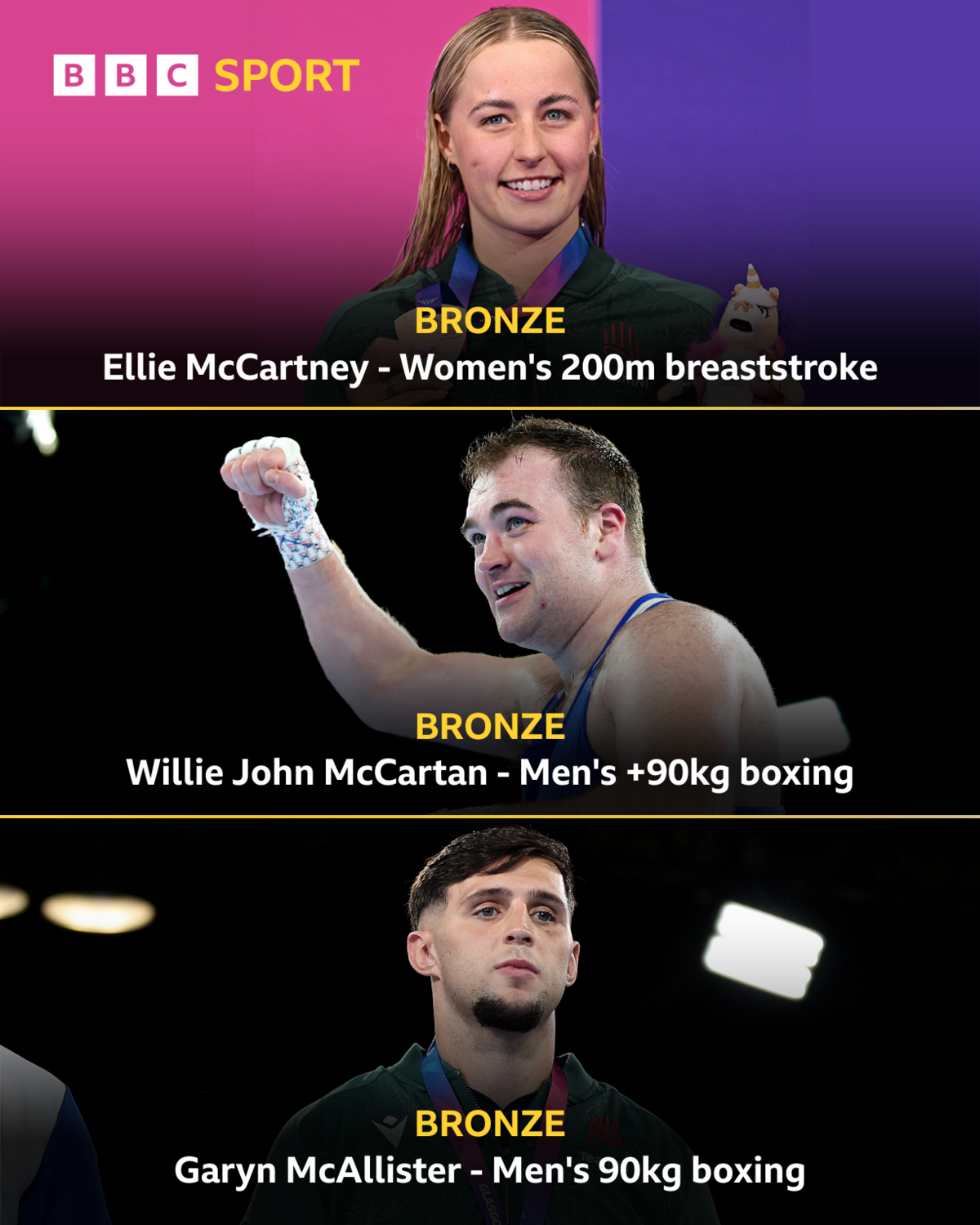 A graphic for Ellie McCartney, Garyn McAllister and Willie John McCartan winning bronze at the Commonwealth Games