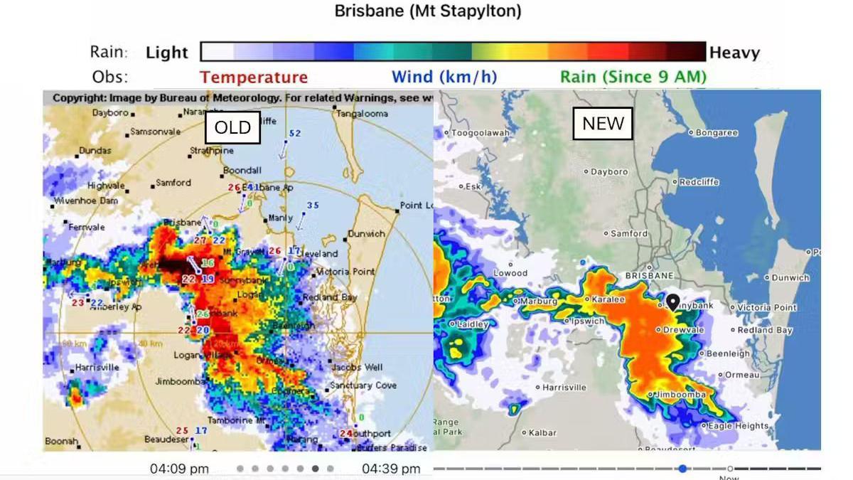 Rain radar of Brisbane, with a version of the old Bureau of Meteorology site on the left and the new look on the right.
