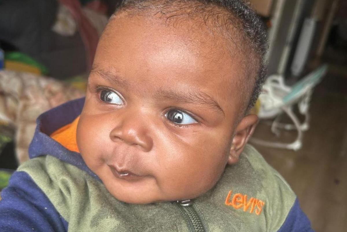 A photo of baby Akram, with big grown eyes and short brown hair, wearing a green and blue Levi's jumper. He is looking to the left of the camera.