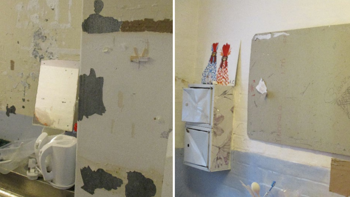 Two photos side by side of conditions inside Bedford Prison. Paint has peeled and there is graffiti and damage to walls and cupboards.