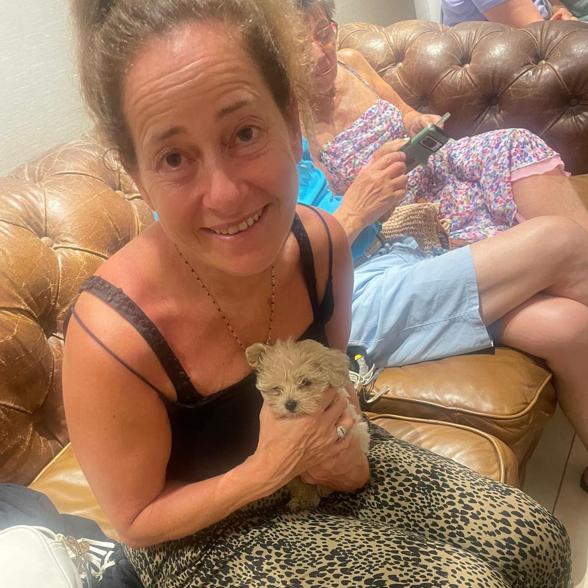 Deborah Claydon pictured in her hotel's shelter in Israel holding a puppy