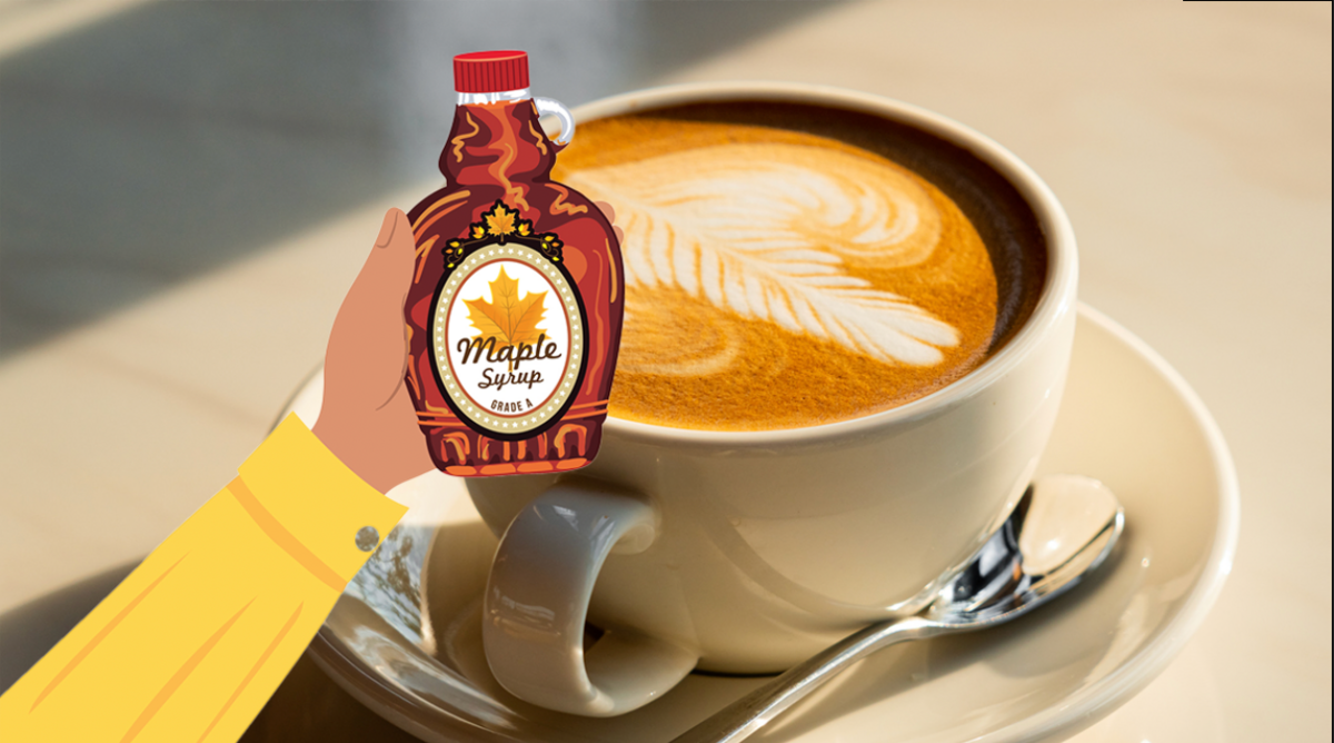 Maple syrup bottle and coffee