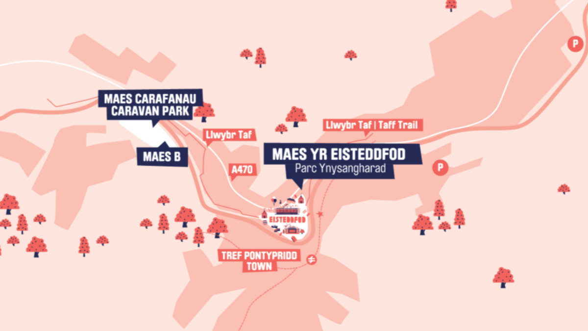 Map showing Ynysangharad Park, where the eisteddfod will be held, in relation to Pontypridd town centre