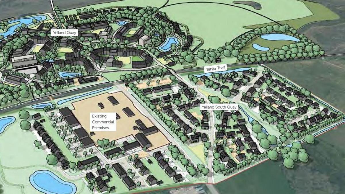 The architect's drawing of the masterplan for the development. There are labels reading Yelland Quay, Tarka Trail, Yelland South Quay and Existing Commercial Premises. The drawing shows proposed housing and commercial buildings set around the site as well as grass, trees, bushes and ponds.