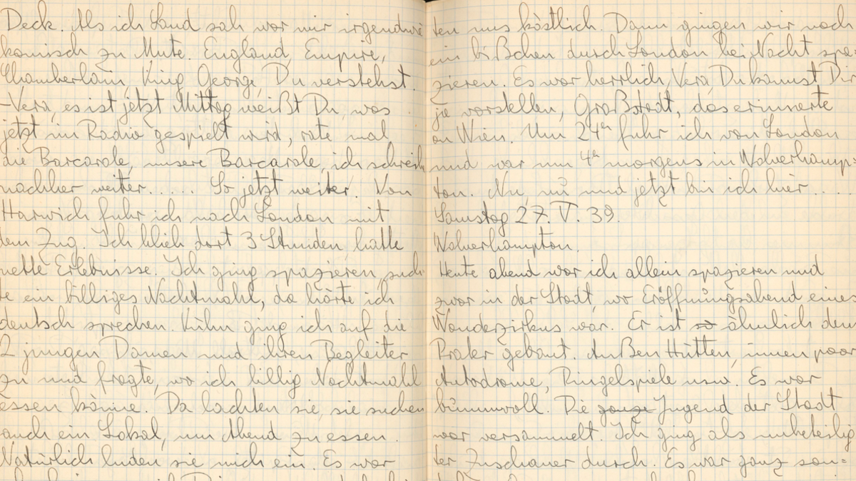 Two handwritten pages on a notebook made of cream paper. The right-hand page has an entry dated 27 May 1939. Wolverhampton is written underneath. The pages are written in German.