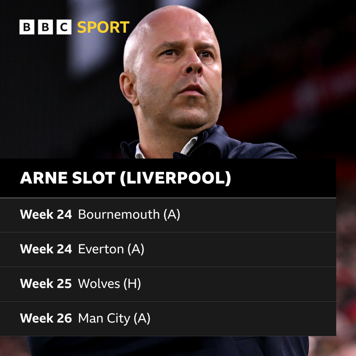 Liverpool face Bournemouth and Everton away in week 24, Wolves at home in 25 and Man City away in 26. 